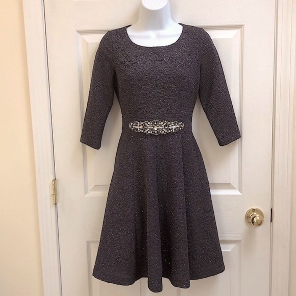 Eliza J Formal Black Shimmer A-line Evening Dress, Beaded Waist, Sz 4